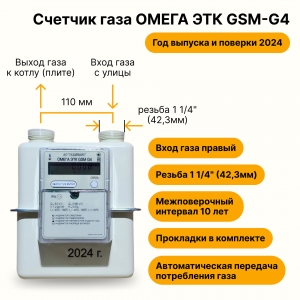 ОМЕГА ЭТК GSM G4 Газдевайс УЛИЧНЫЙ (вход газа правый, 110мм, резьба 1 1/4", ПРОКЛАДКИ В КОМПЛЕКТЕ) 2024 год выпуска с термокорректором