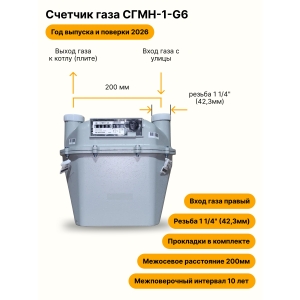 СГМН-1-G6 НЕ УЛИЧНЫЙ правый, 200мм, резьба 1 1/4" прокладки в комплекте 2026 года выпуска и поверки