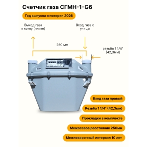 СГМН-1-G6 НЕ УЛИЧНЫЙ правый, 250мм, резьба 1 1/4" прокладки в комплекте 2026 года выпуска и поверки