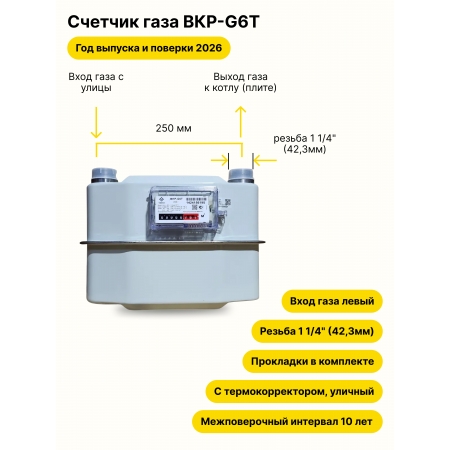 BKР-G6T УЛИЧНЫЙ левый, 250мм, резьба 1 1/4" прокладки в комплекте 2026 года выпуска и поверки