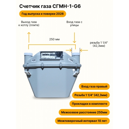 СГМН-1-G6 НЕ УЛИЧНЫЙ правый, 250мм, резьба 1 1/4" прокладки в комплекте 2026 года выпуска и поверки