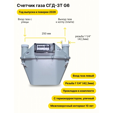 СГД-3Т G6 УЛИЧНЫЙ левый, 250мм, резьба 1 1/4" прокладки в комплекте 2026 года выпуска и поверки